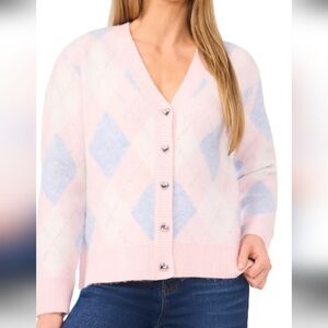 CECE NWT CARDIGAN SWEATER. LARGE. WOOL BLEND PREPPY. PINK BLUE